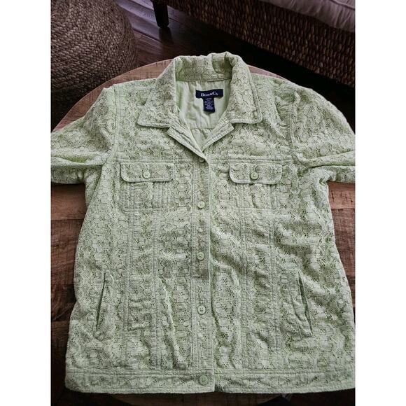 Denim & Co Sz Large Romantic LIME Green Lace Floral Jacket Button Up Pockets - Picture 4 of 7